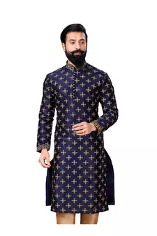 Men Navy Blue Dupion Silk Embroidered Designer Kurta