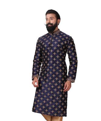 Men Navy Blue Dupion Silk Embroidered Designer Kurta 4