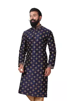 Men Navy Blue Dupion Silk Embroidered Designer Kurta