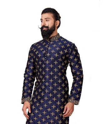 Men Navy Blue Dupion Silk Embroidered Designer Kurta 5