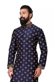 Men Navy Blue Dupion Silk Embroidered Designer Kurta