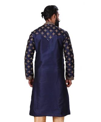 Men Navy Blue Dupion Silk Embroidered Designer Kurta 6