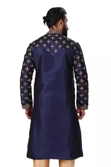 Men Navy Blue Dupion Silk Embroidered Designer Kurta