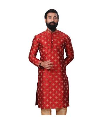 Men Red Dupion Silk Embroidered Designer Kurta 2