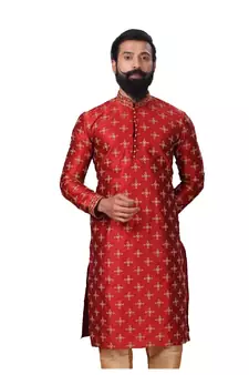 Men Red Dupion Silk Embroidered Designer Kurta
