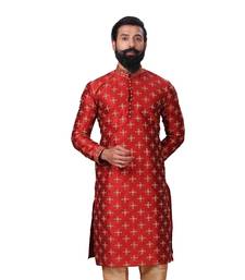 Men Red Dupion Silk Embroidered Designer Kurta