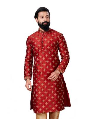 Men Red Dupion Silk Embroidered Designer Kurta 3