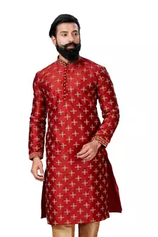 Men Red Dupion Silk Embroidered Designer Kurta