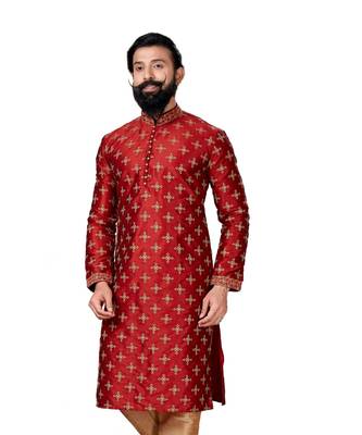 Men Red Dupion Silk Embroidered Designer Kurta 4