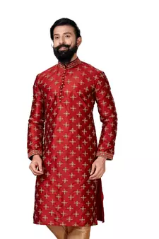 Men Red Dupion Silk Embroidered Designer Kurta