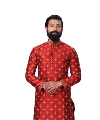Men Red Dupion Silk Embroidered Designer Kurta 5