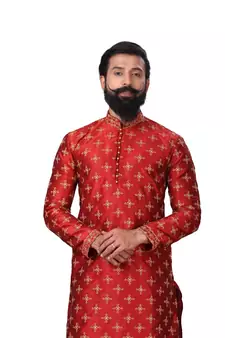 Men Red Dupion Silk Embroidered Designer Kurta