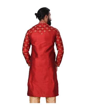 Men Red Dupion Silk Embroidered Designer Kurta 6