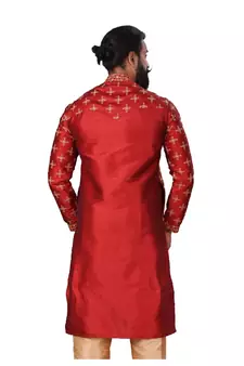 Men Red Dupion Silk Embroidered Designer Kurta