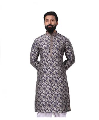 Men Jacquard Silk Woven Navy Blue Embellished Kurta 2