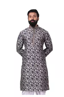 Men Jacquard Silk Woven Navy Blue Embellished Kurta