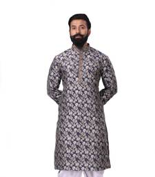 Men Jacquard Silk Woven Navy Blue Embellished Kurta