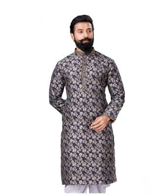 Men Jacquard Silk Woven Navy Blue Embellished Kurta 3