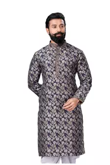 Men Jacquard Silk Woven Navy Blue Embellished Kurta