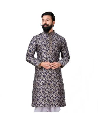 Men Jacquard Silk Woven Navy Blue Embellished Kurta 4