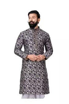 Men Jacquard Silk Woven Navy Blue Embellished Kurta