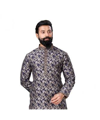 Men Jacquard Silk Woven Navy Blue Embellished Kurta 5