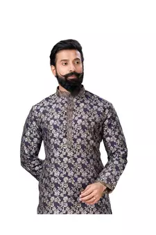 Men Jacquard Silk Woven Navy Blue Embellished Kurta