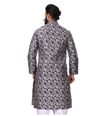 Men Jacquard Silk Woven Navy Blue Embellished Kurta 6