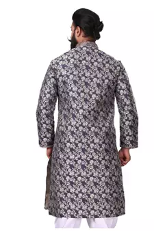 Men Jacquard Silk Woven Navy Blue Embellished Kurta
