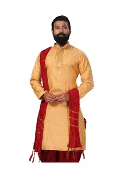 Men Jacquard Silk Woven Yellow Embellished Kurta