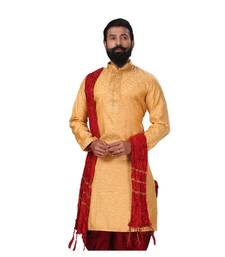 Men Jacquard Silk Woven Yellow Embellished Kurta