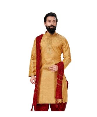 Men Jacquard Silk Woven Yellow Embellished Kurta 3