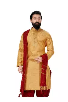 Men Jacquard Silk Woven Yellow Embellished Kurta