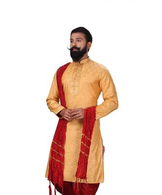 Men Jacquard Silk Woven Yellow Embellished Kurta 4