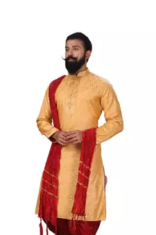 Men Jacquard Silk Woven Yellow Embellished Kurta