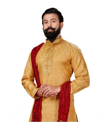 Men Jacquard Silk Woven Yellow Embellished Kurta 5