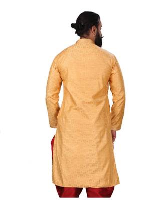 Men Jacquard Silk Woven Yellow Embellished Kurta 6
