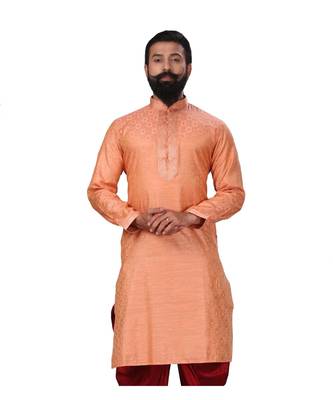 Men Jacquard Silk Woven Peach Embellished Kurta 2