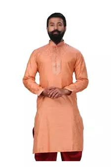 Men Jacquard Silk Woven Peach Embellished Kurta
