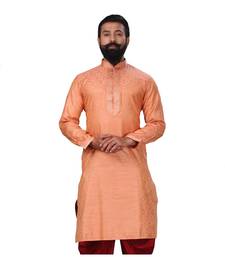 Men Jacquard Silk Woven Peach Embellished Kurta