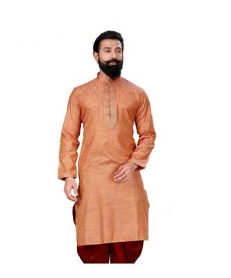 Men Jacquard Silk Woven Peach Embellished Kurta 3
