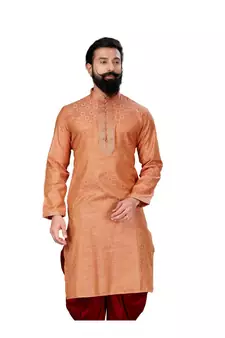 Men Jacquard Silk Woven Peach Embellished Kurta