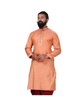 Men Jacquard Silk Woven Peach Embellished Kurta 4