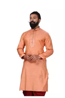Men Jacquard Silk Woven Peach Embellished Kurta