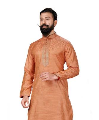 Men Jacquard Silk Woven Peach Embellished Kurta 5