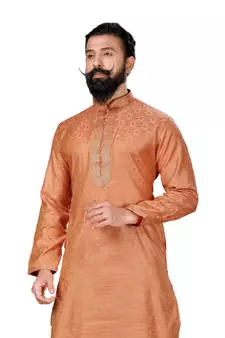 Men Jacquard Silk Woven Peach Embellished Kurta
