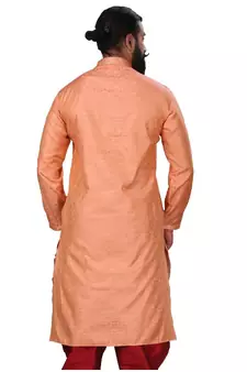 Men Jacquard Silk Woven Peach Embellished Kurta