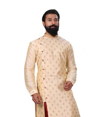 Men white Dupion Silk Zari Buta Designer Kurta 5