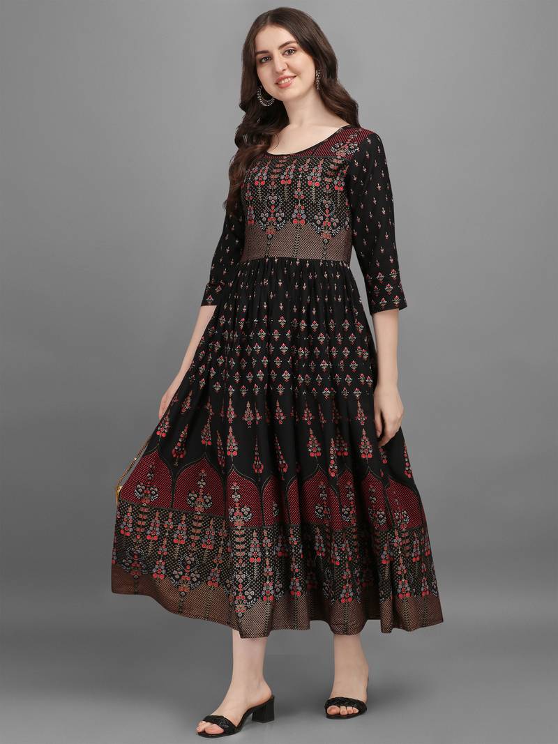 Black printed viscose rayon long-dresses - Harvi Fashion - 3742159