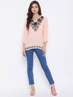 Sethi Daughters - Women Peach Colored Casual Embroidered Rayon Short Kurti 3
